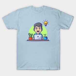 Male Operating Laptop With Idea Cartoon Vector Icon Illustration T-Shirt